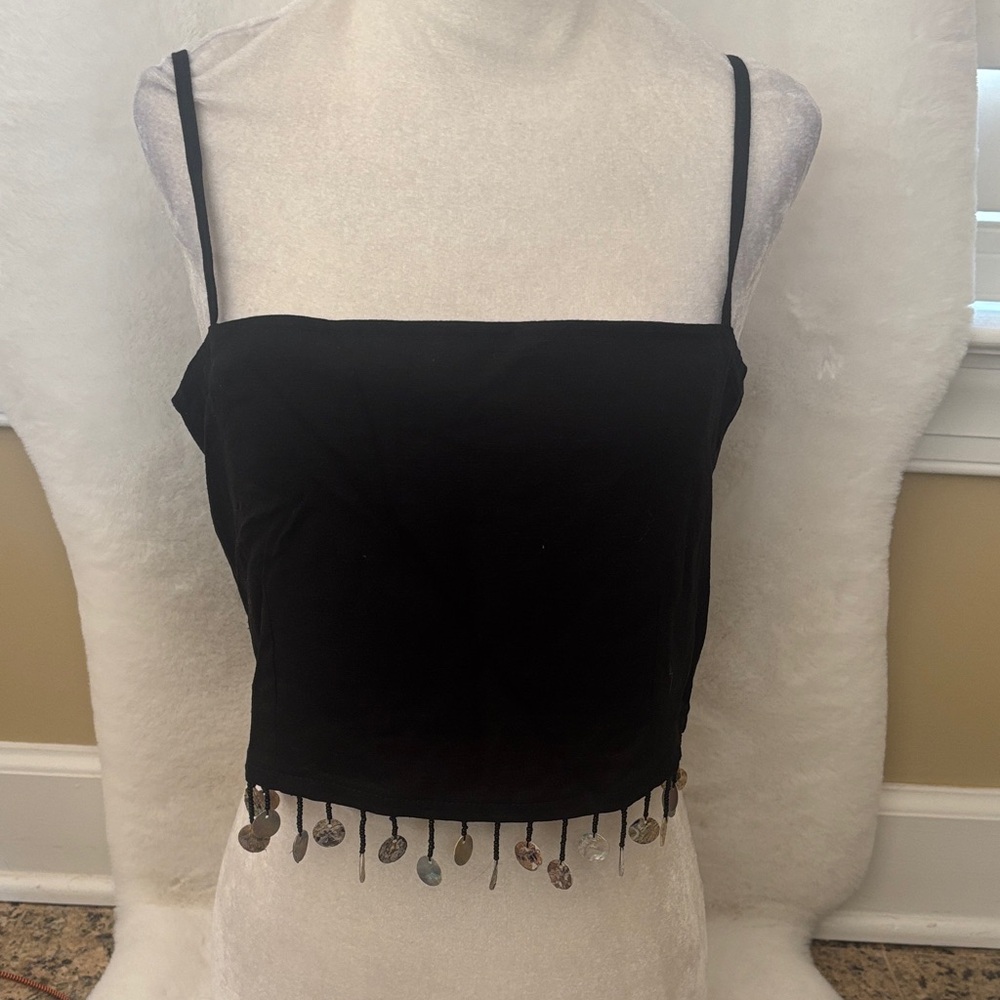 Jason Wu Black Spaghetti Strap Crop Top with Coin Trim